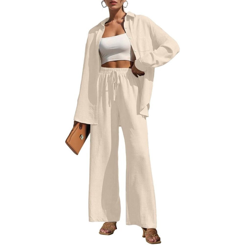Women’s 2 Piece Lounge Set Polyester Long Sleeve Shirt Wide Leg Pants